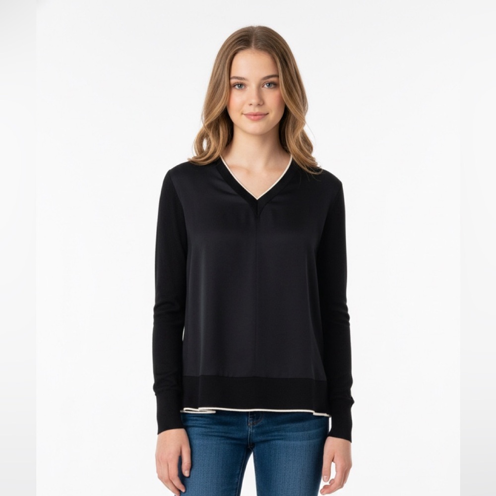 RAG & BONE BLACK & WHITE SILK V-NECK LONG SLEEVE BLOUSE MINIMAL QUIET LUXURY EUC
